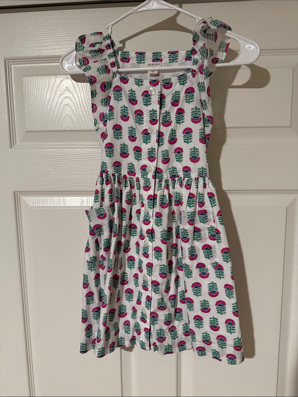 Crewcuts White Cotton Dress with Pink & Green Floral Print